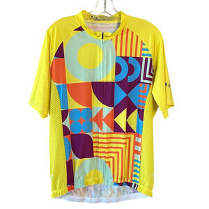 CYCLING COUTURE Men's Size 3XL Yellow Abstract Bauhaus Front Zip Pockets Jersey
